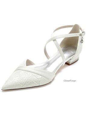 Bridal Lace Flats for Women Pointed Toe Strappy Wedding Shoes Low Heel